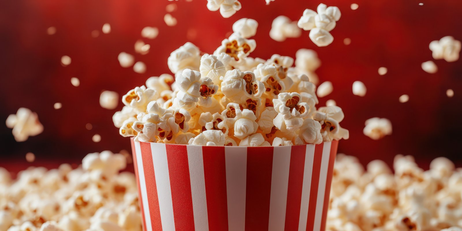 Popcorn bursts from striped container creating a playful display in a cozy movie night setting